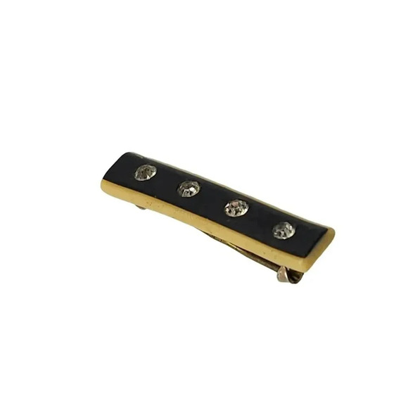 Clear Rhinestones Black Enamel Bar Brooch Pin Antique C Clasp - Picture 2 of 4